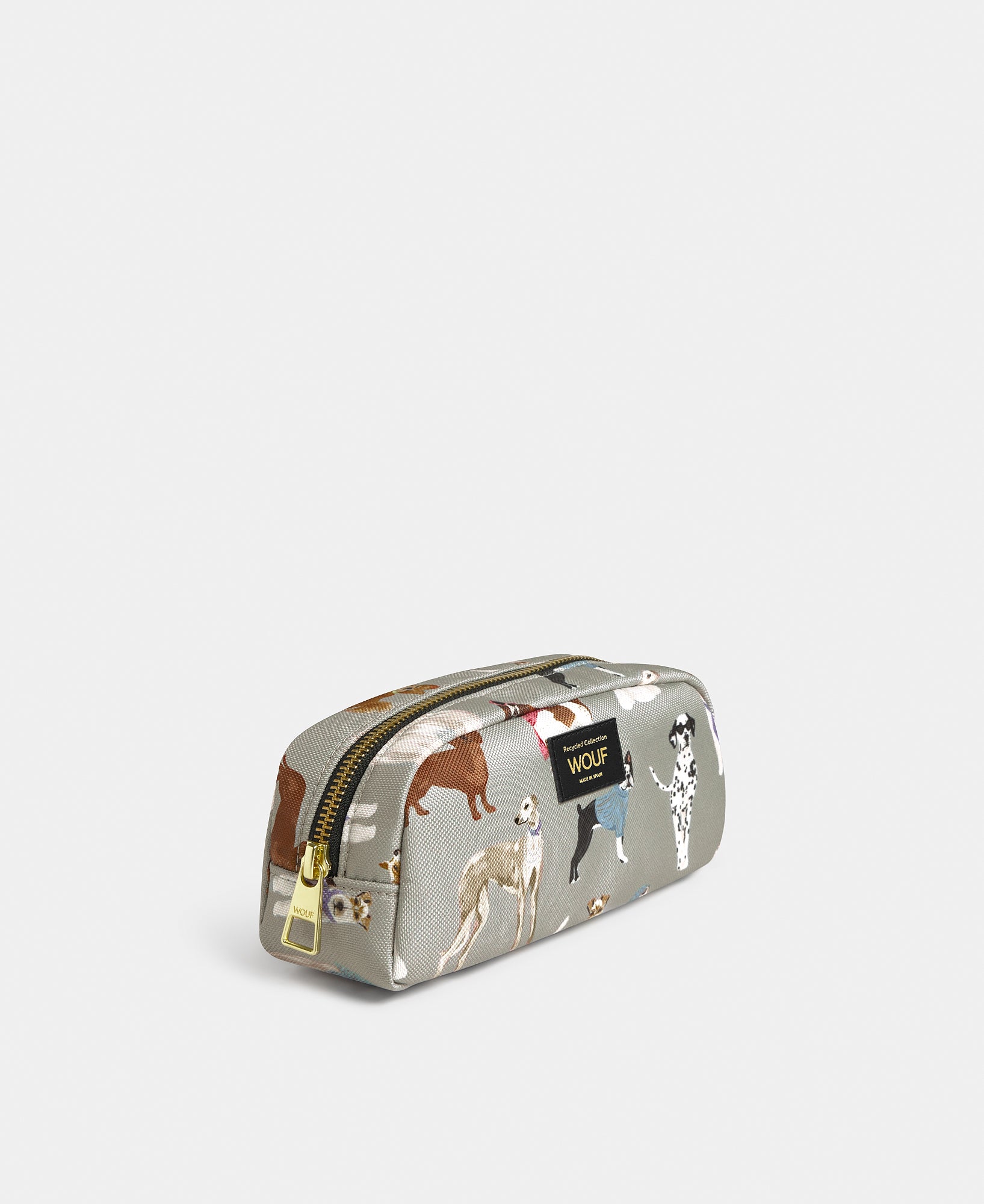 Side view of the Puppy pencil case with multicolour dog print on a grey background - Wouf