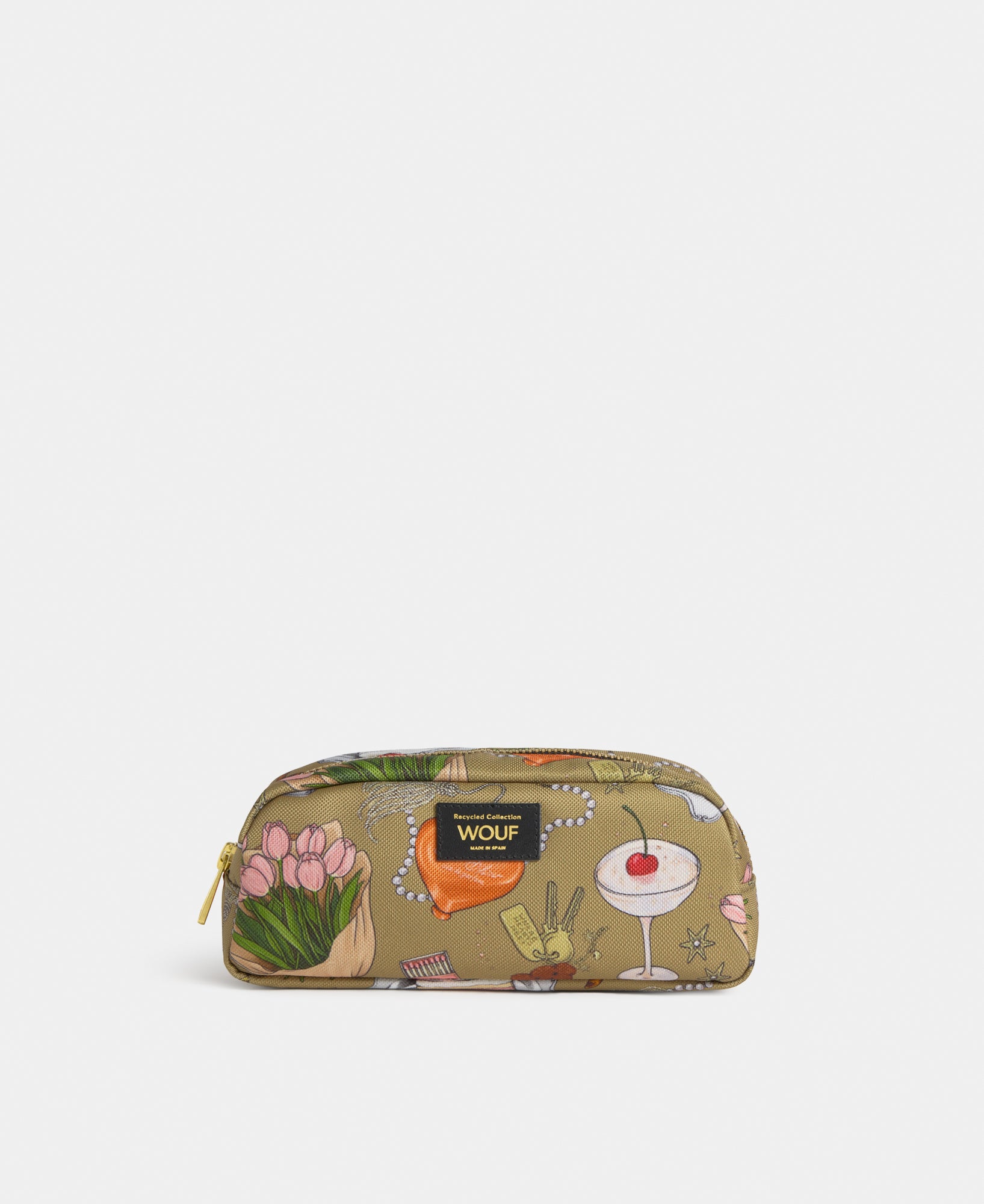 Tender pencil case with multicolour illustrated print on a khaki background - Wouf