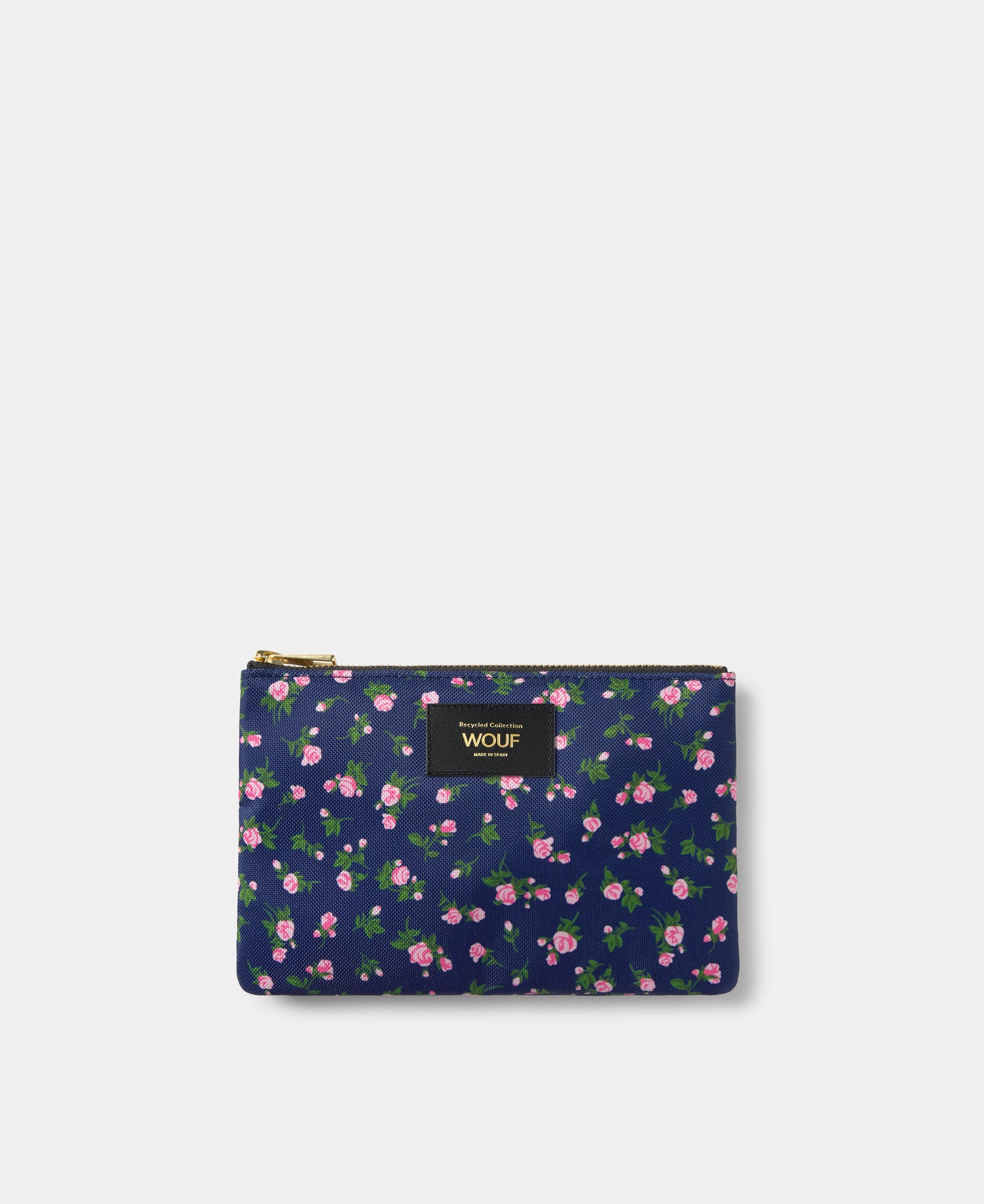 Edith pouch with pink and green floral print on a navy background - Wouf