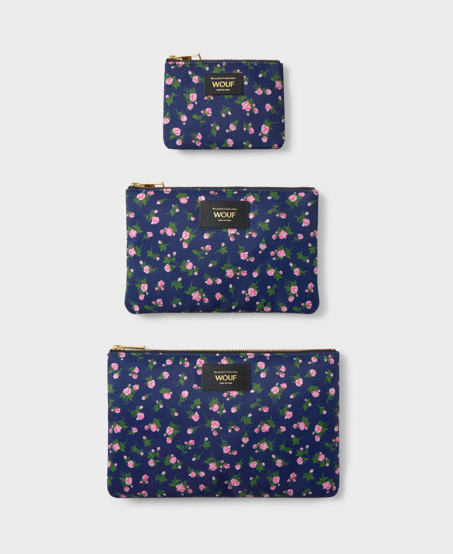 Edith pouch set with pink and green floral print on a navy background - Wouf
