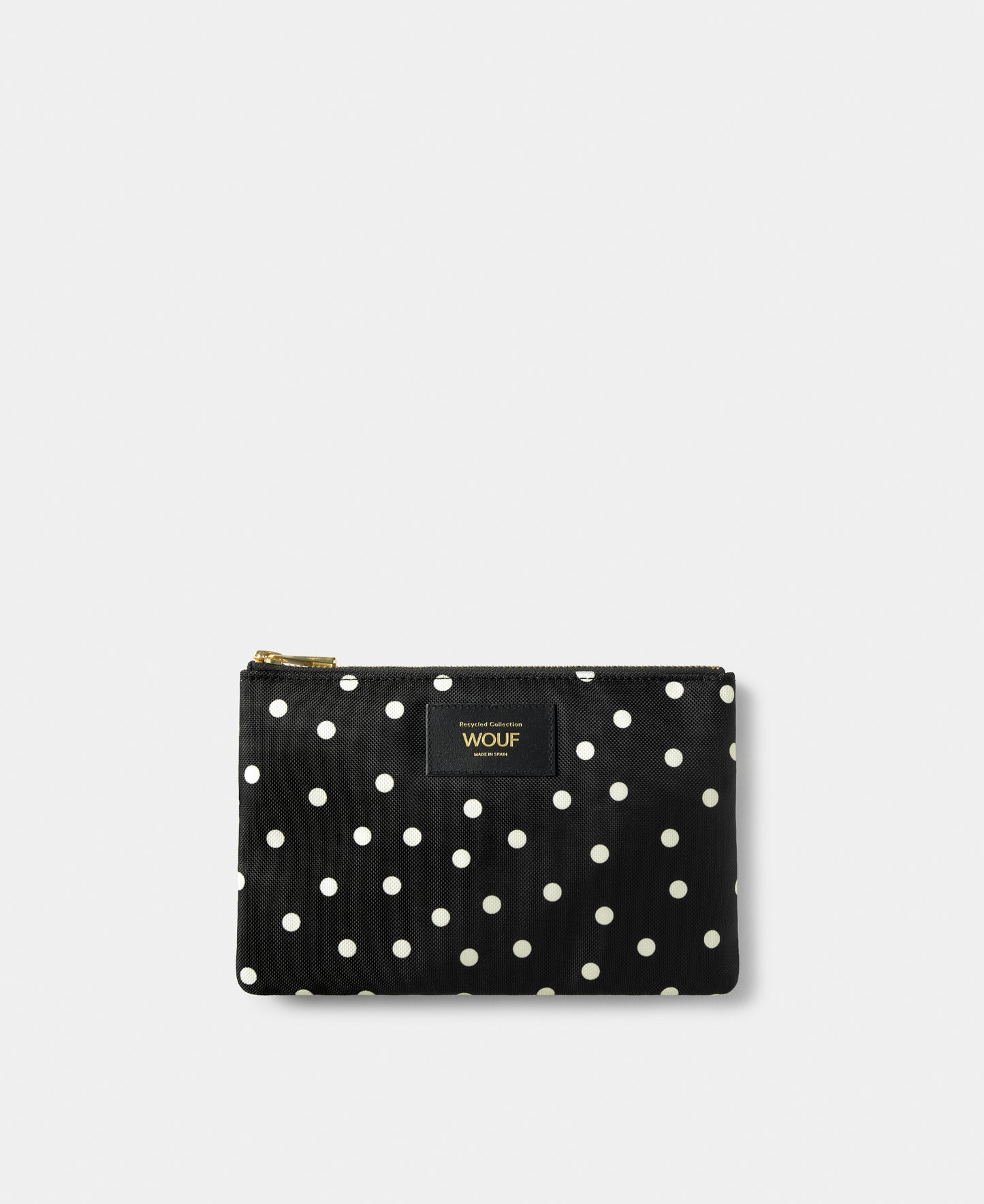 Grace pouch with white polka dot print on a black background - Wouf