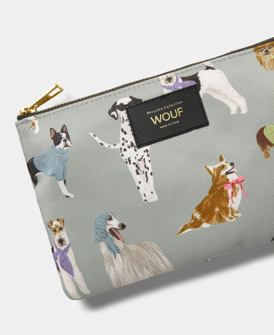 Détail de la pochette Puppy à imprimé chiens multicolores sur fond gris - Wouf