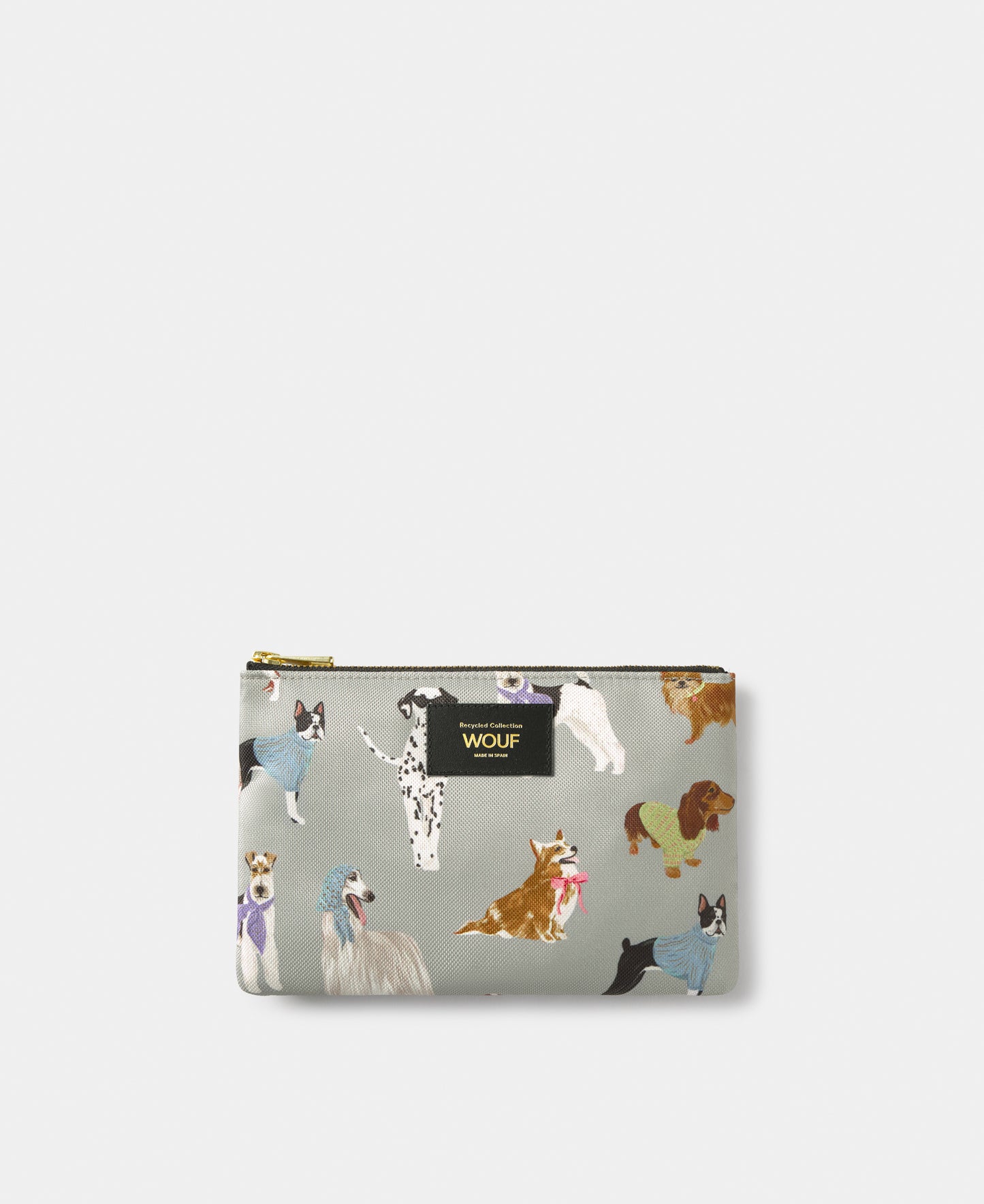 Puppy pouch with multicolour dog print on a grey background - Wouf