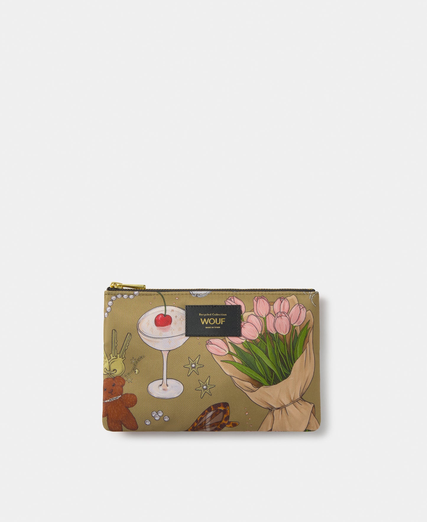 Tender pouch with multicolour illustrated print on a khaki background - Wouf