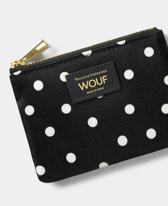 Détail de la petite pochette Grace à pois blancs sur fond noir - Wouf