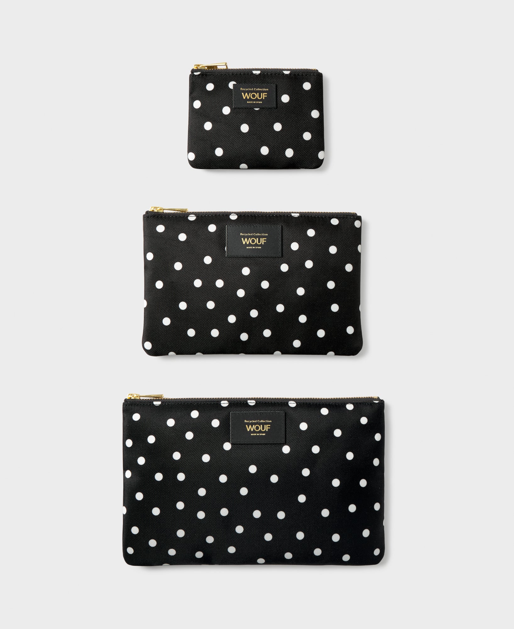 Grace pouch set with white polka dot print on a black background - Wouf
