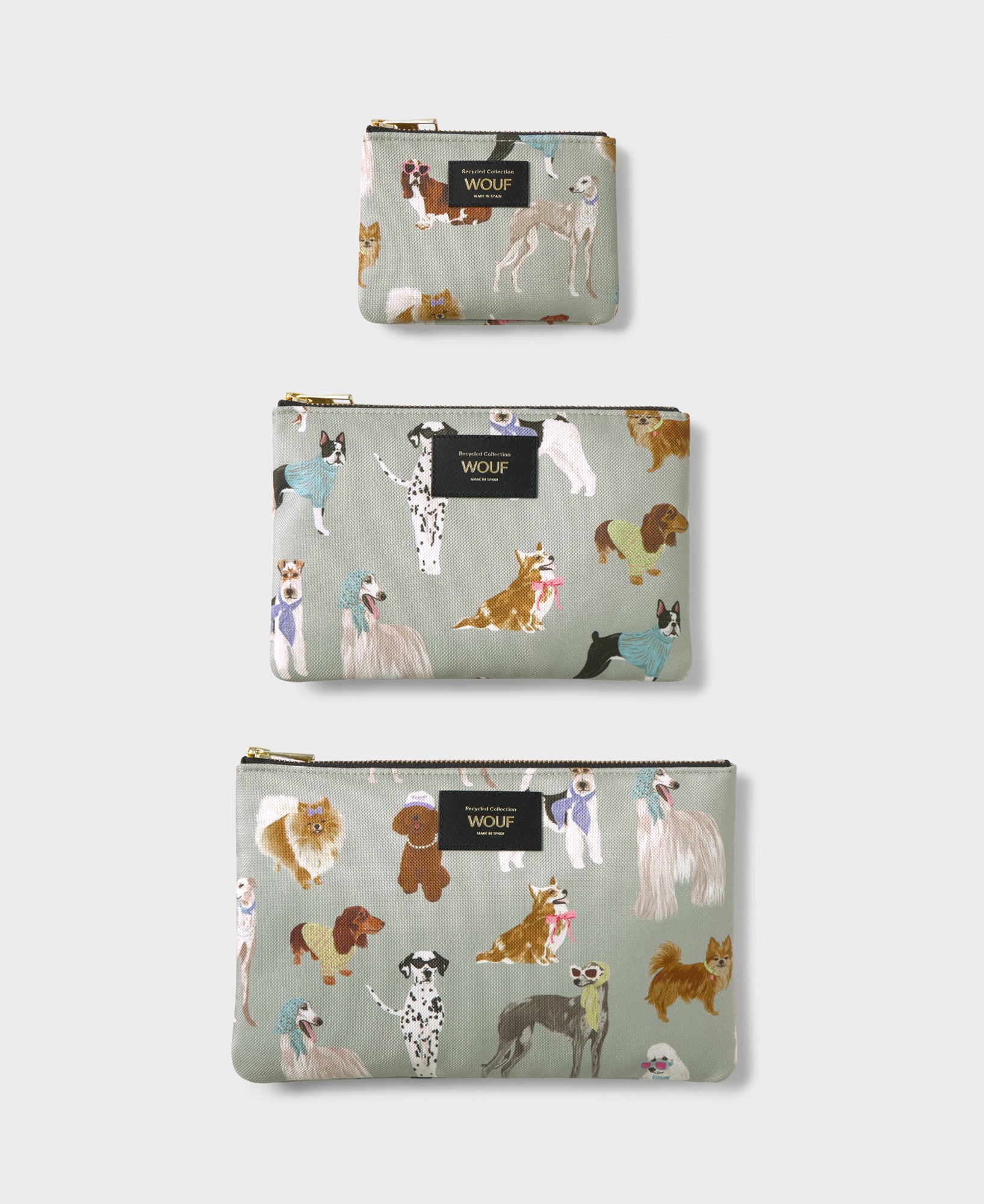 Puppy pouch set with multicolour dog print on a grey background - Wouf