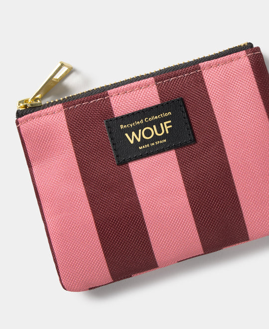 Détail de la petite pochette Sophie à rayures roses et bordeaux - Wouf