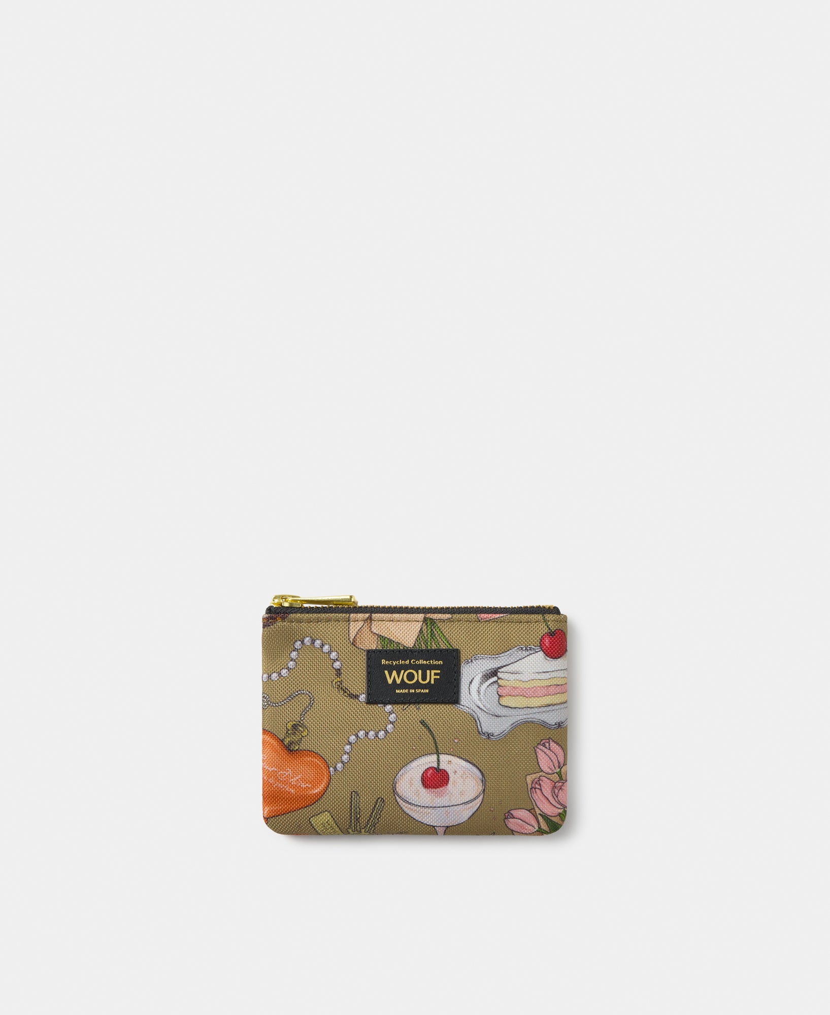 Tender small pouch with multicolour illustrated print on a khaki background - Wouf