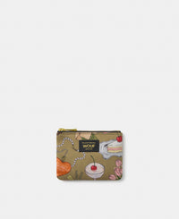 Tender small pouch with multicolour illustrated print on a khaki background - Wouf