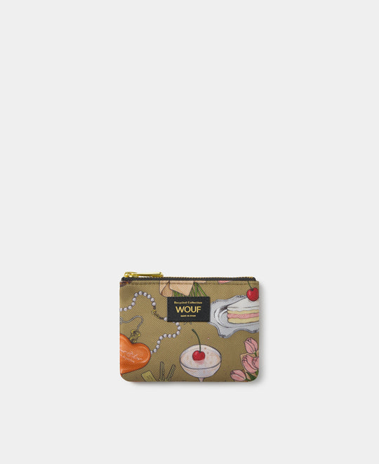 Petite pochette Tender à imprimé illustré multicolore sur fond kaki - Wouf