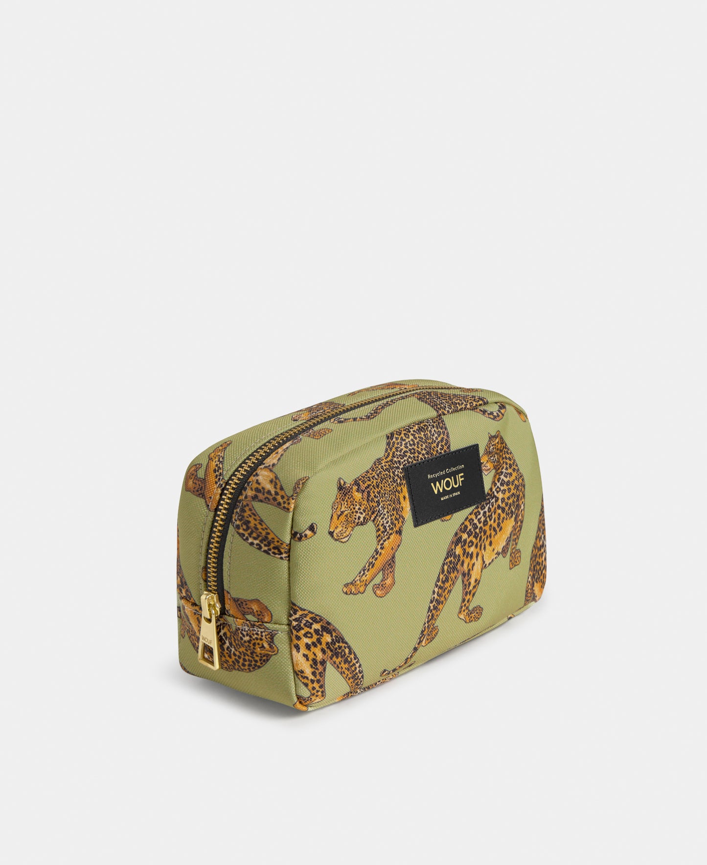 Side view of the Avo Leopard toiletry bag with green and black leopard print - Wouf