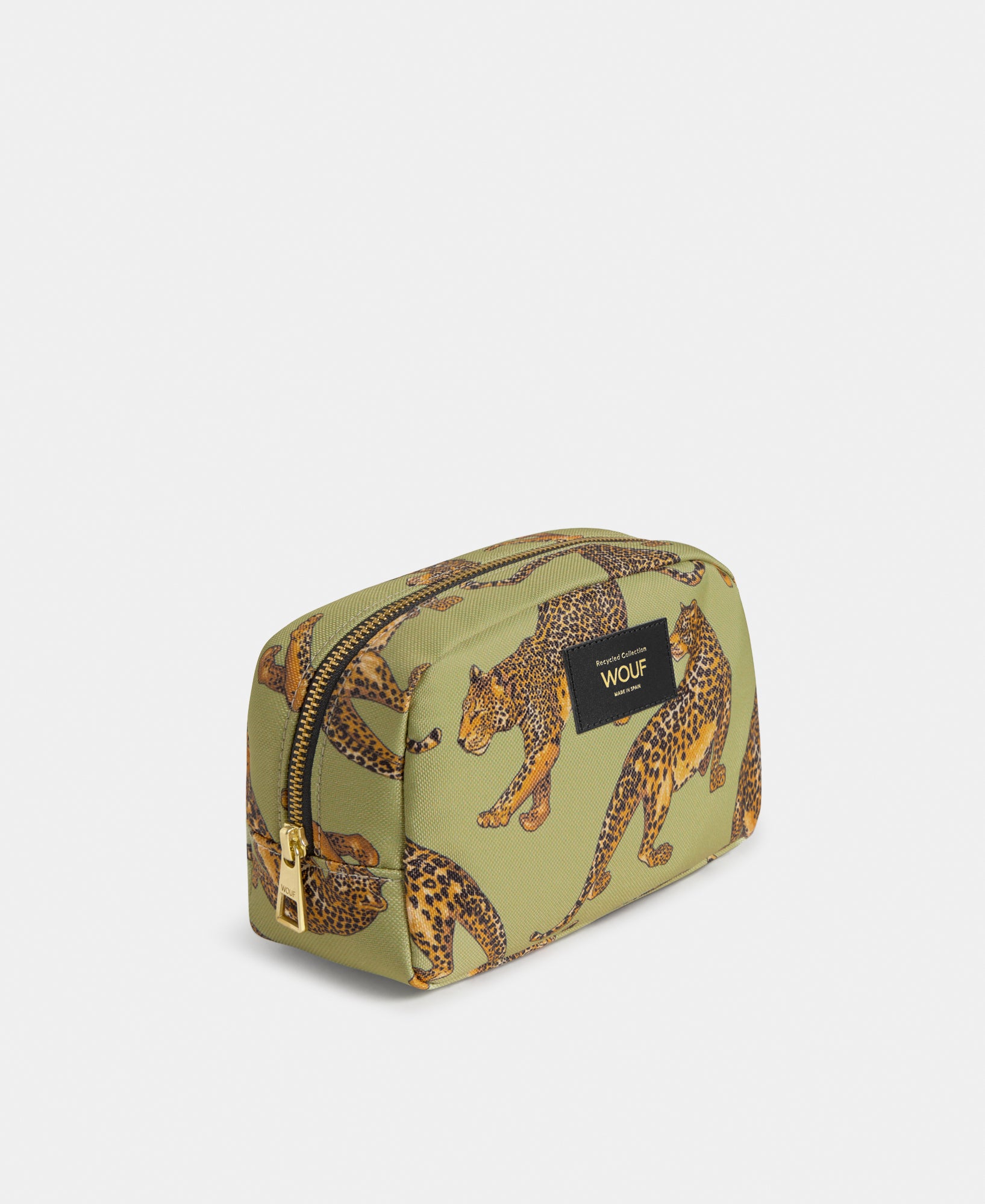 Side view of the Avo Leopard toiletry bag with green and black leopard print - Wouf