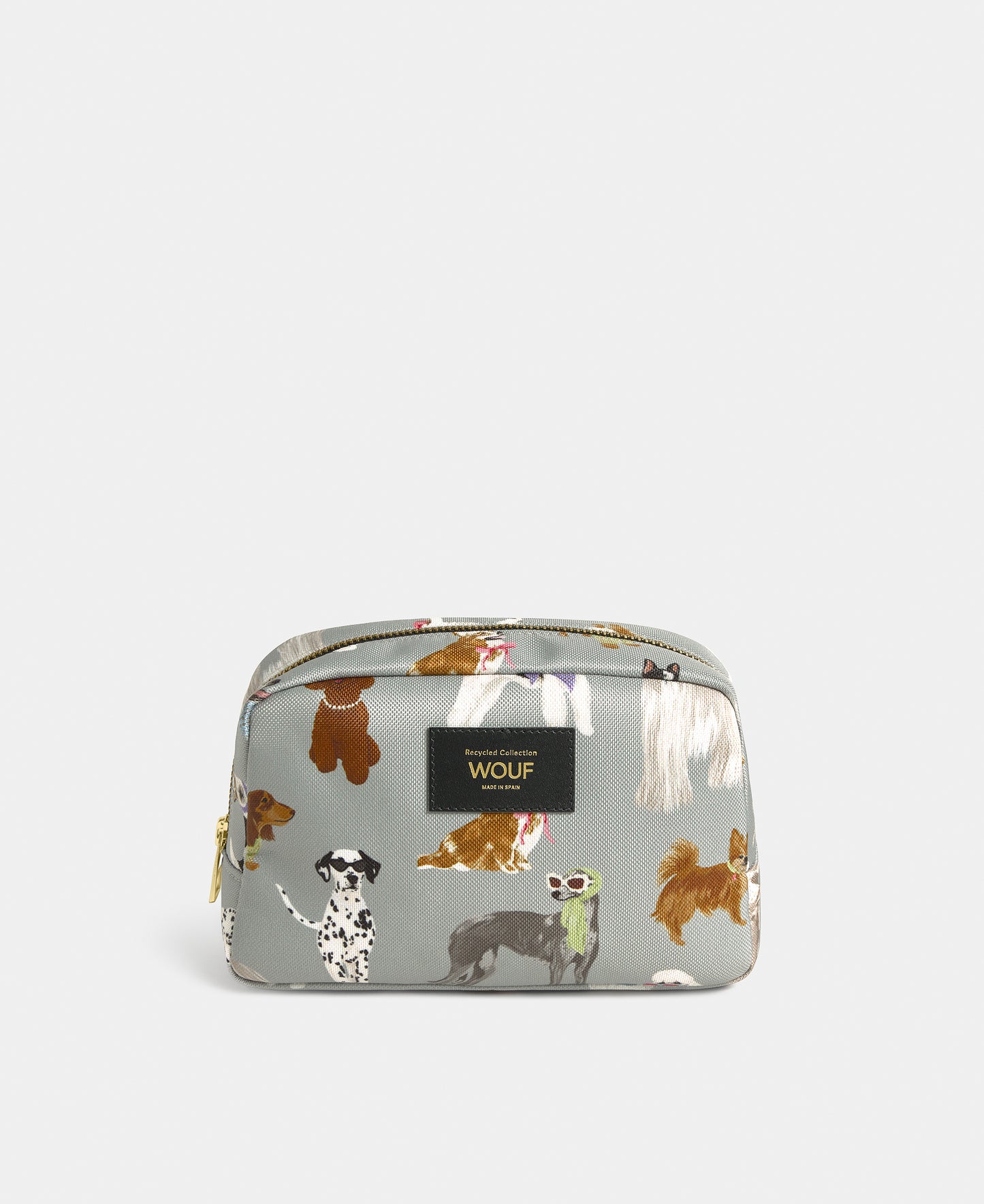 Puppy toiletry bag with multicolour dog print on a grey background - Wouf