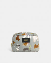 Puppy toiletry bag with multicolour dog print on a grey background - Wouf