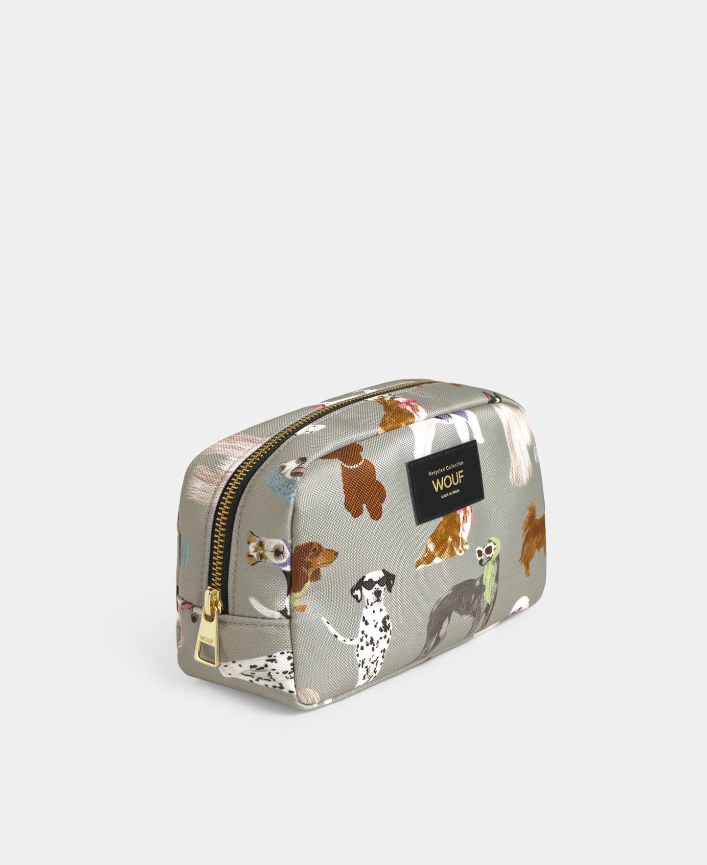 Side view of the Puppy toiletry bag with multicolour dog print on a grey background - Wouf