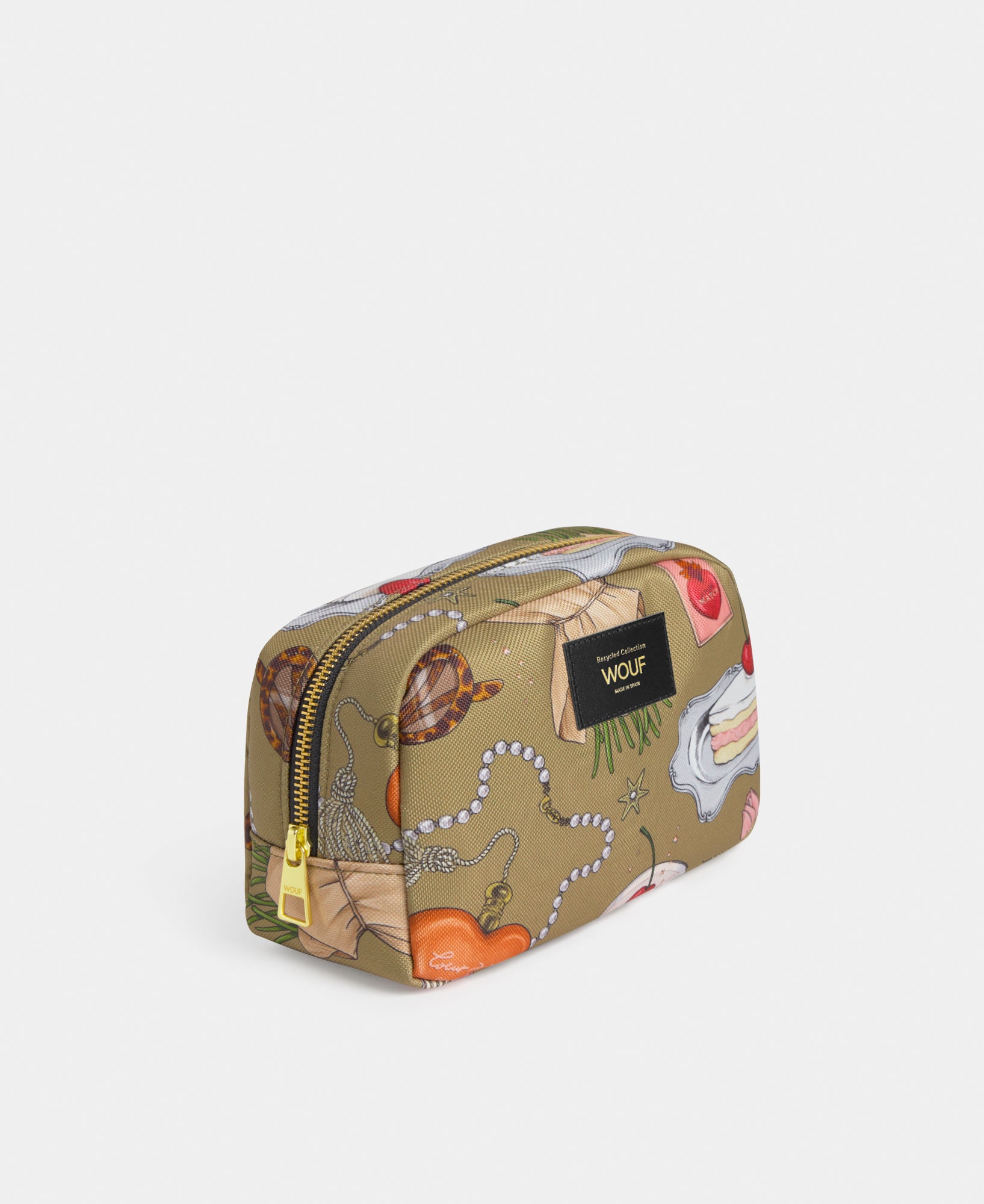 Side view of the Tender toiletry bag with multicolour illustrated print on a khaki background - Wouf