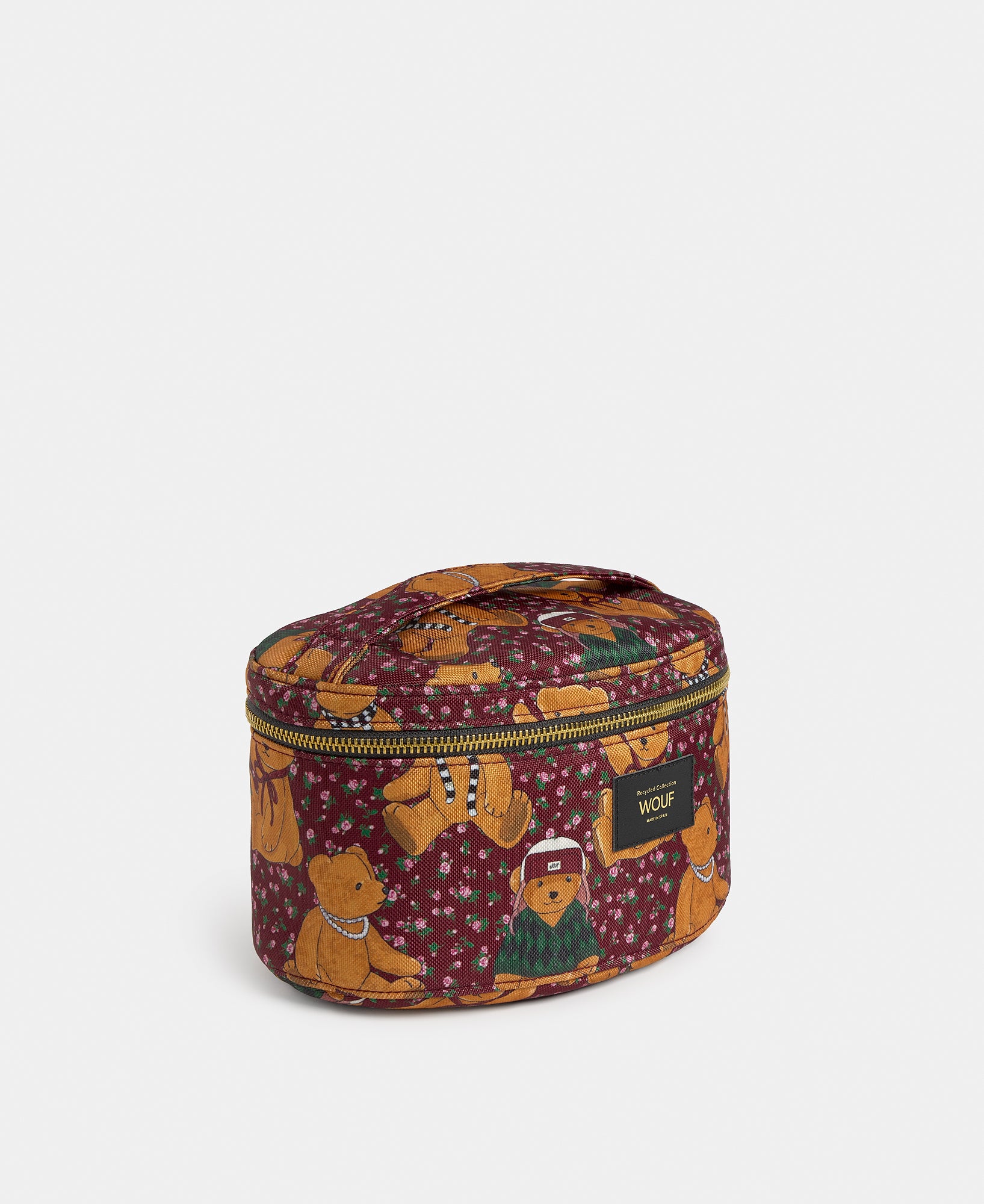 Side view of the Cozy vanity bag with teddy bear print - Wouf