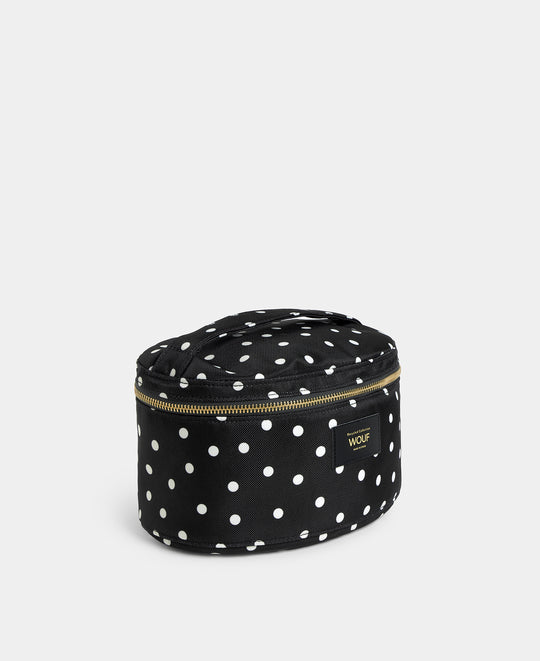 Vue latérale de la trousse vanity Grace à pois blancs sur fond noir - Wouf