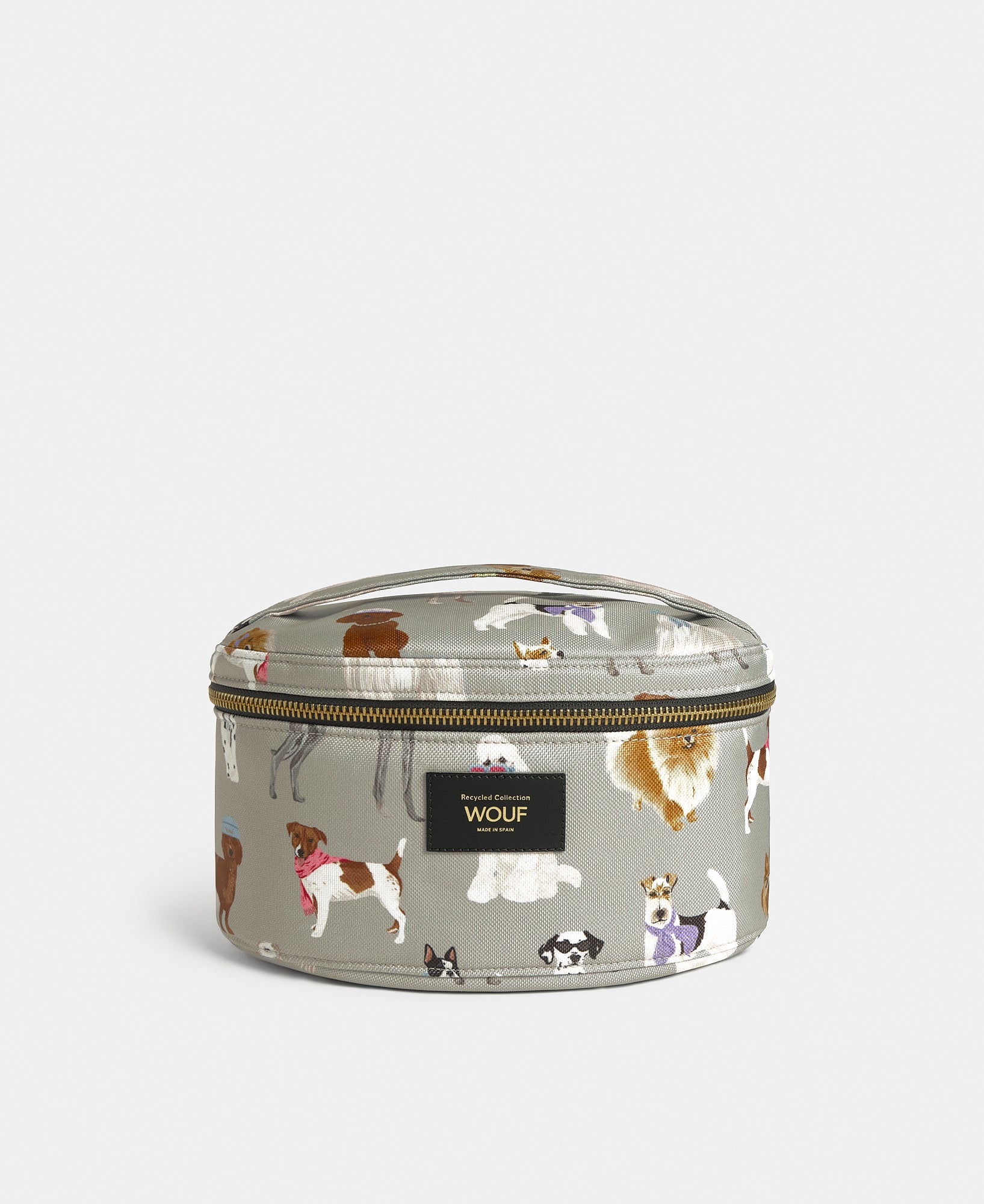 Puppy vanity bag with multicolour dog print on a grey background - Wouf