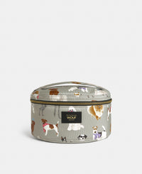 Puppy vanity bag with multicolour dog print on a grey background - Wouf