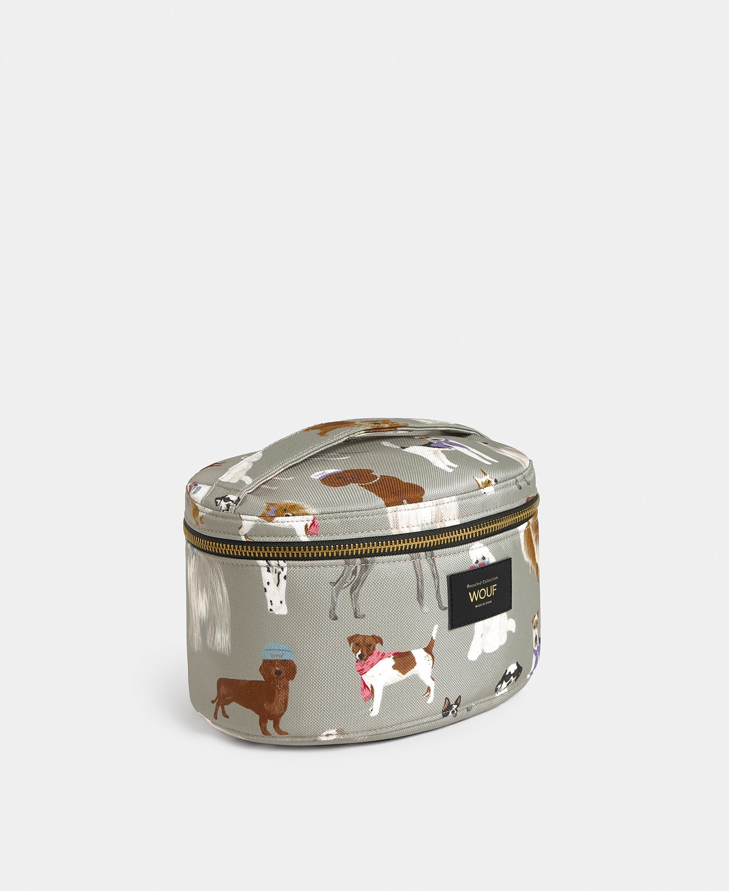 Side view of the Puppy vanity bag with multicolour dog print on a grey background - Wouf