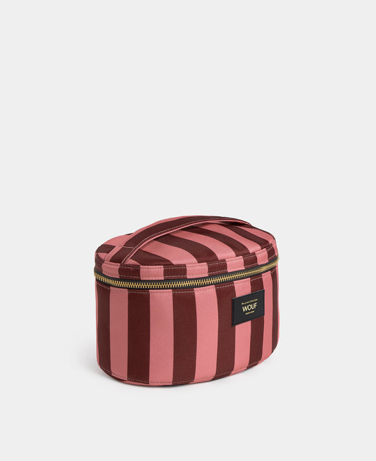 Vue latérale de la trousse vanity Sophie à rayures roses et bordeaux - Wouf