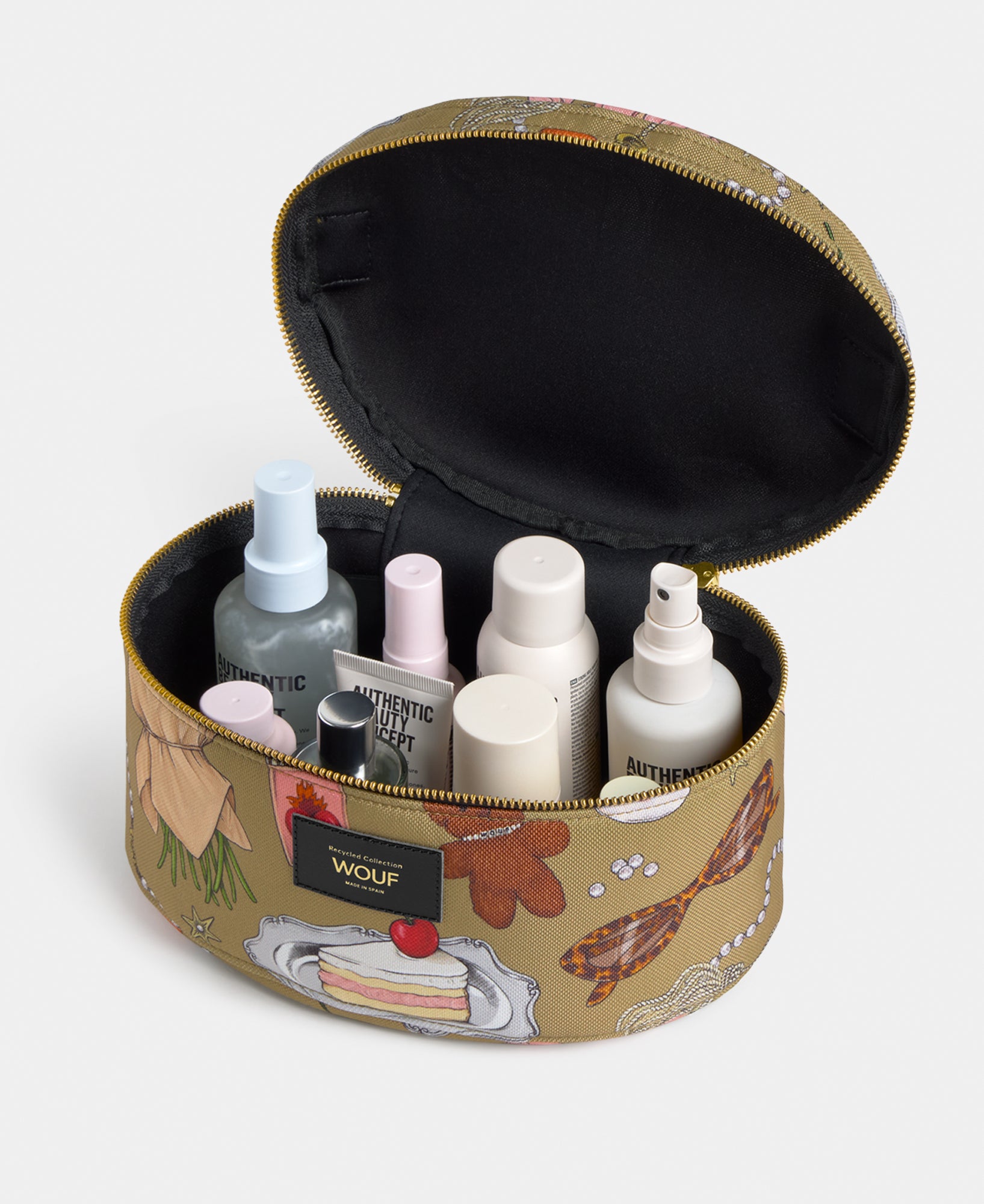 Interior detail of the Tender vanity bag with multicolour illustrated print on a khaki background - Wouf