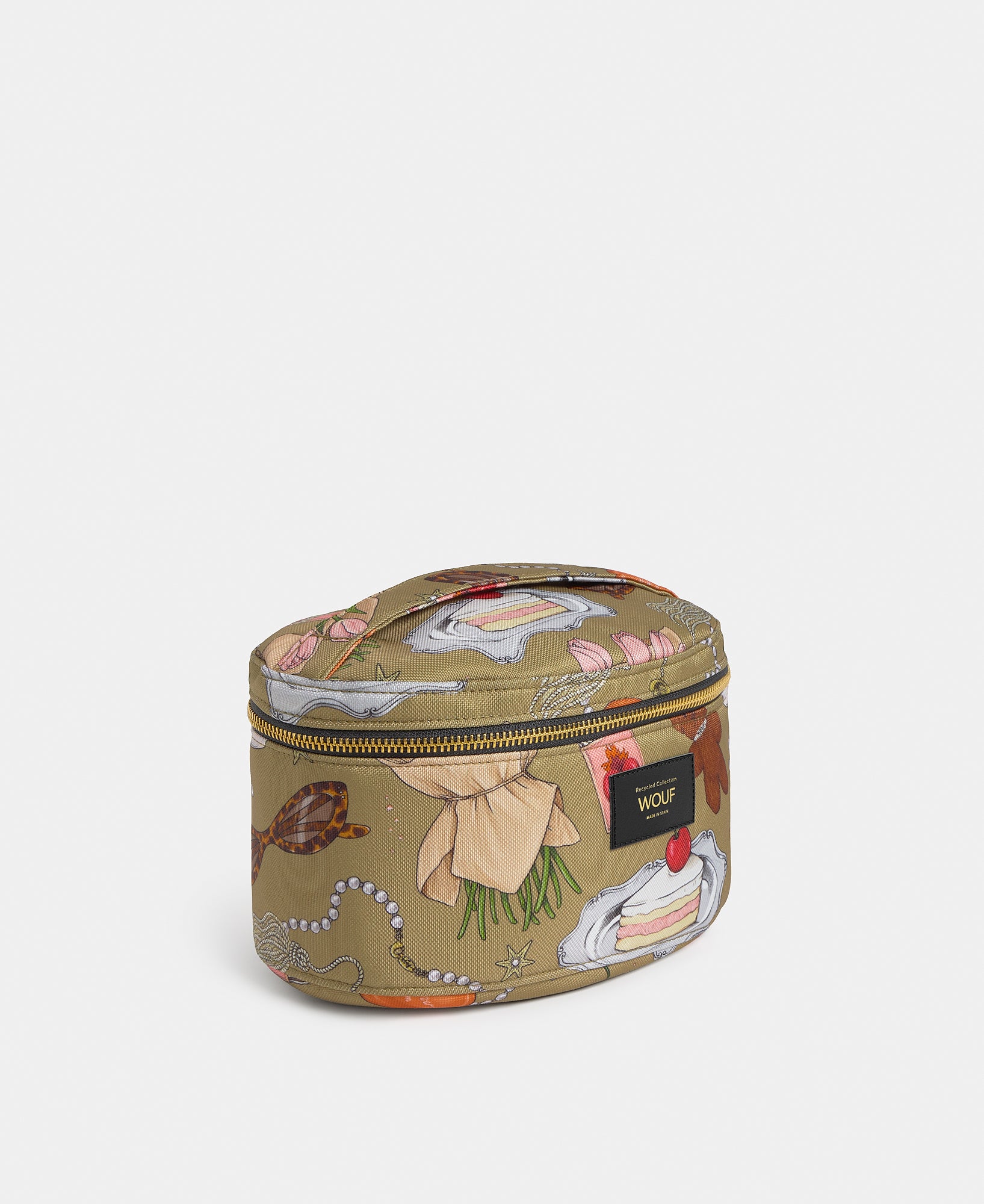 Side view of the Tender vanity bag with multicolour illustrated print on a khaki background - Wouf