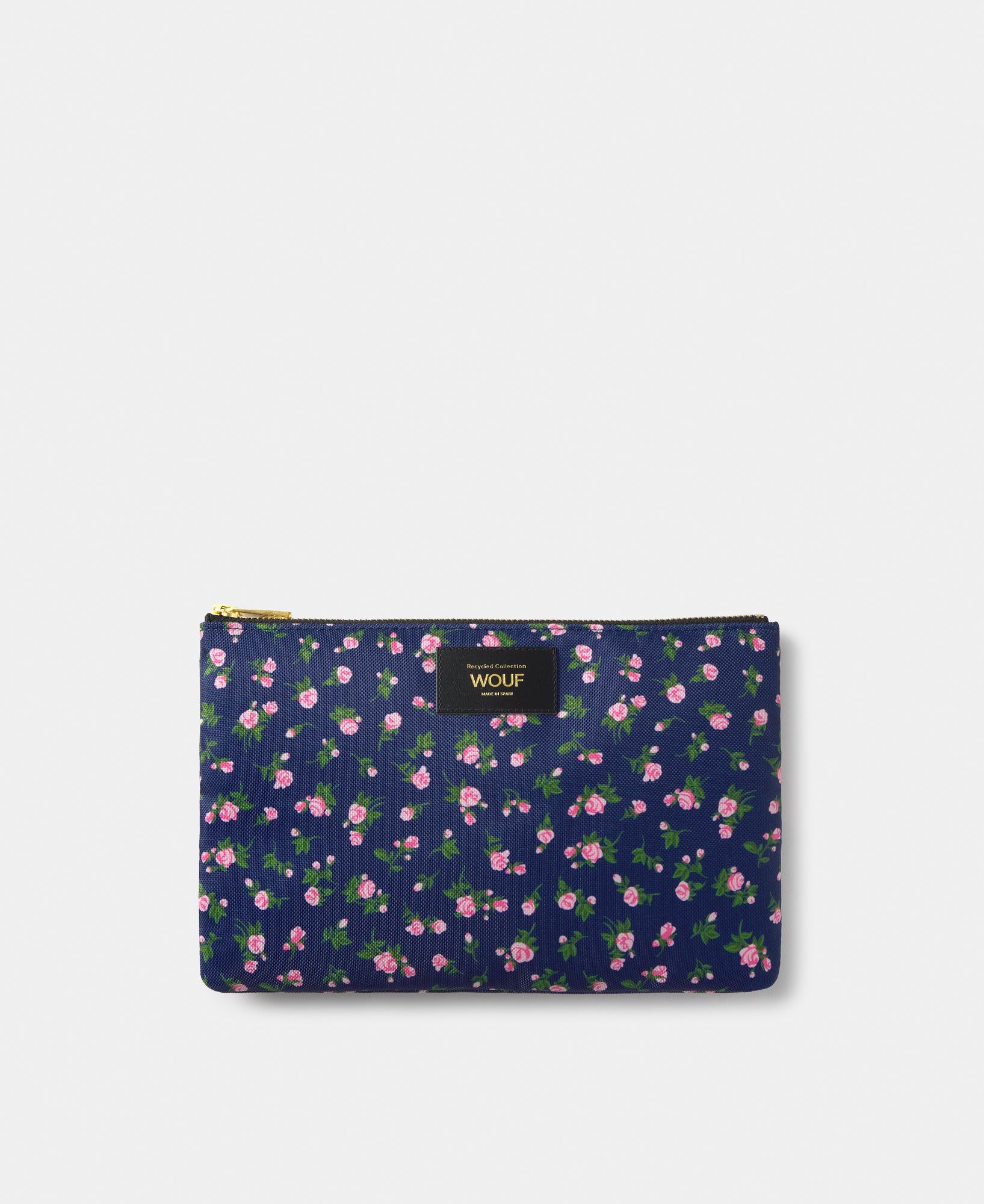 Edith XL pouch with pink and green floral print on a navy background - Wouf