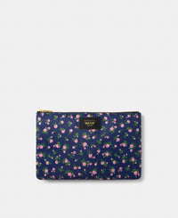 Edith XL pouch with pink and green floral print on a navy background - Wouf