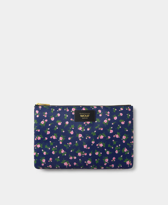 Pochette XL Edith à imprimé floral rose et vert sur fond bleu marine - Wouf