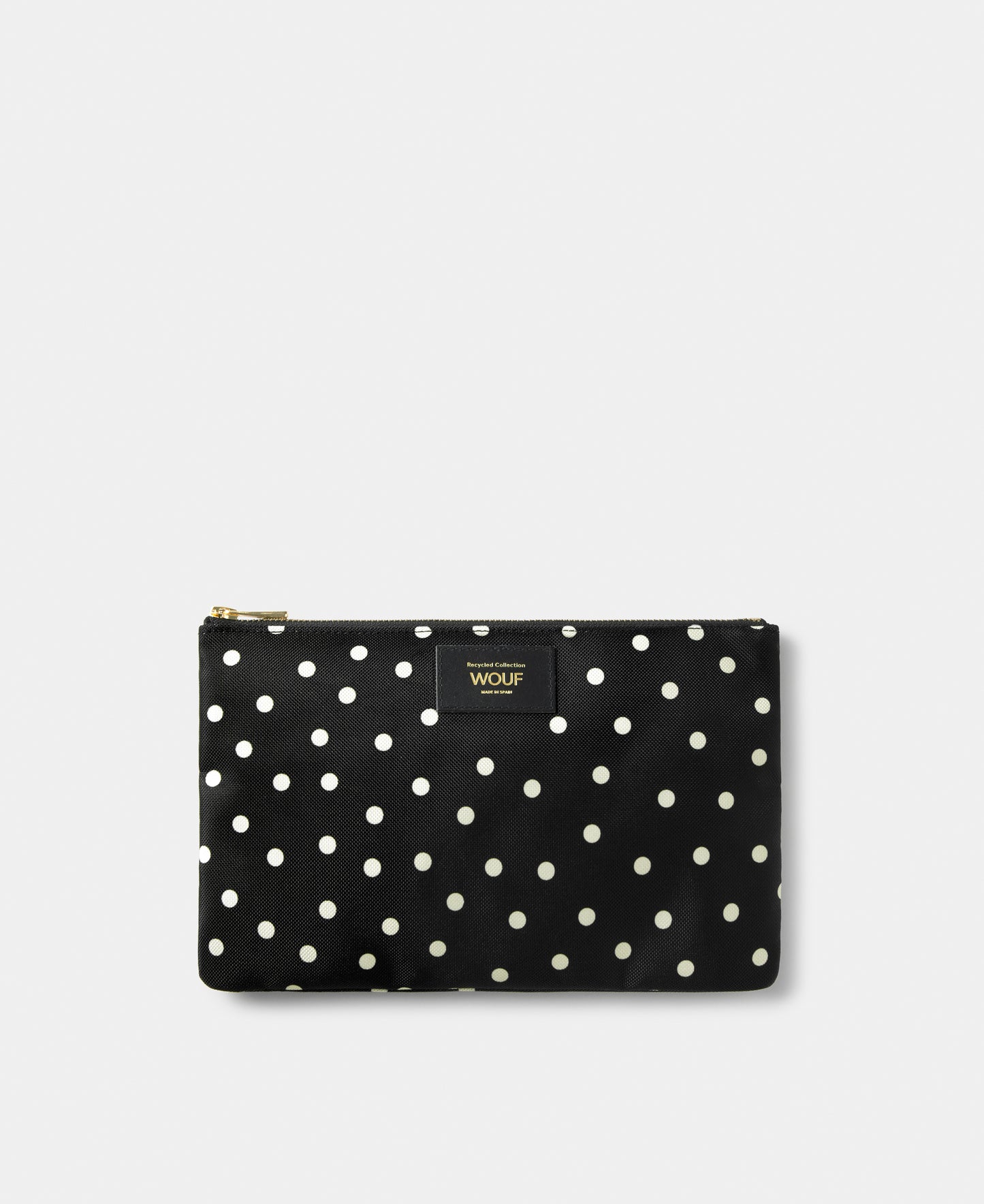 Grace XL pouch with white polka dot print on a black background - Wouf