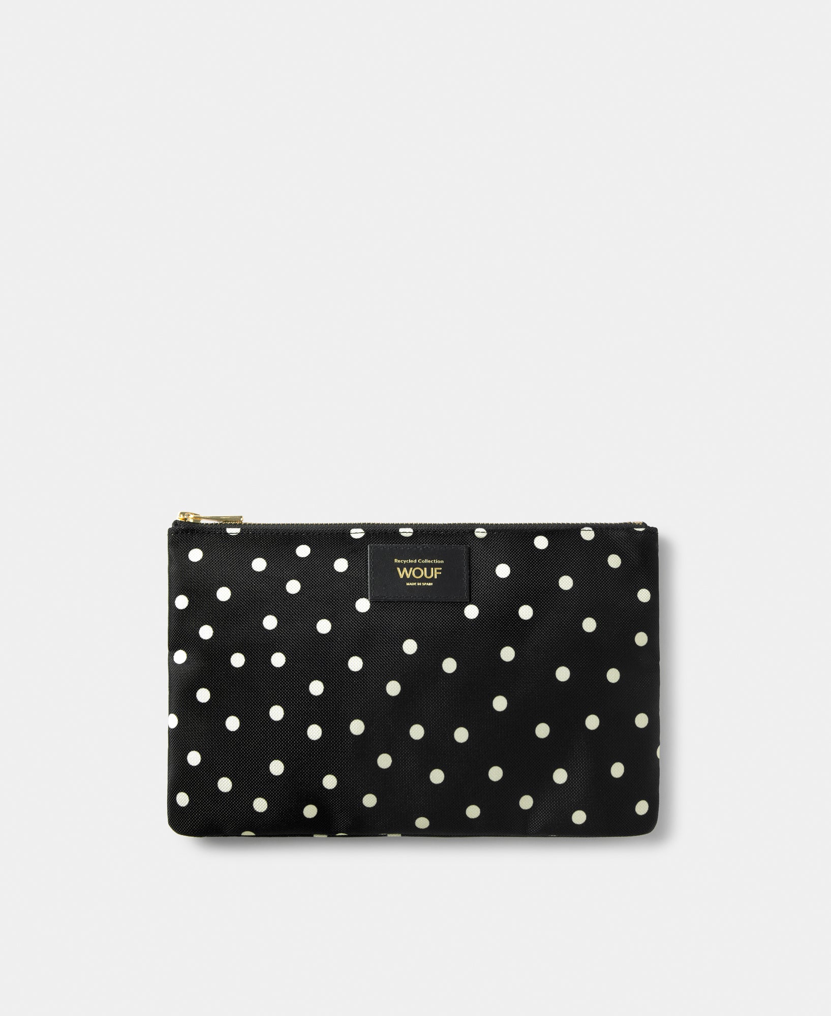 Grace XL pouch with white polka dot print on a black background - Wouf