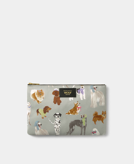 Pochette XL Puppy à imprimé chiens multicolores sur fond gris - Wouf