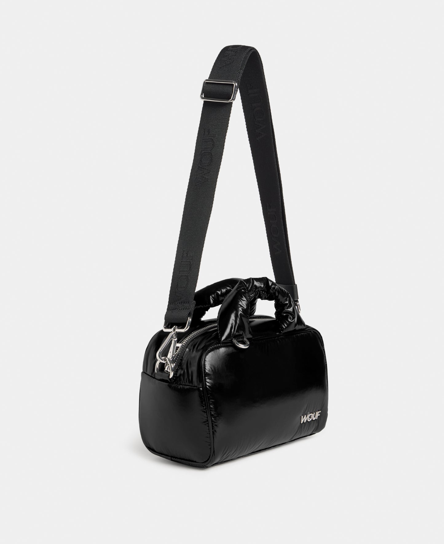 Vista lateral del bowling bag color negro con acabado brillante - Wouf