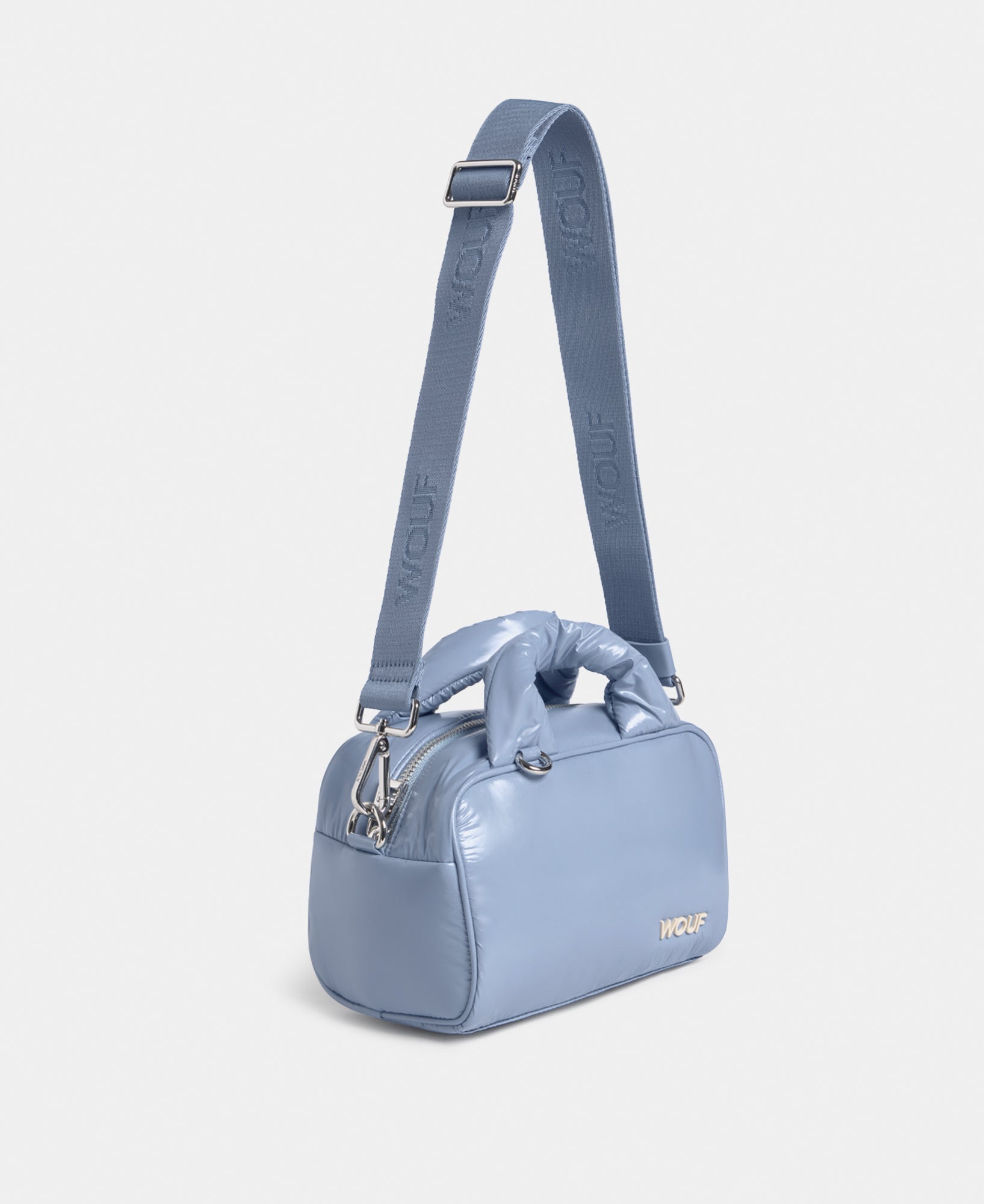Vue latérale du bowling bag coloris bleu acier avec finition brillante - Wouf