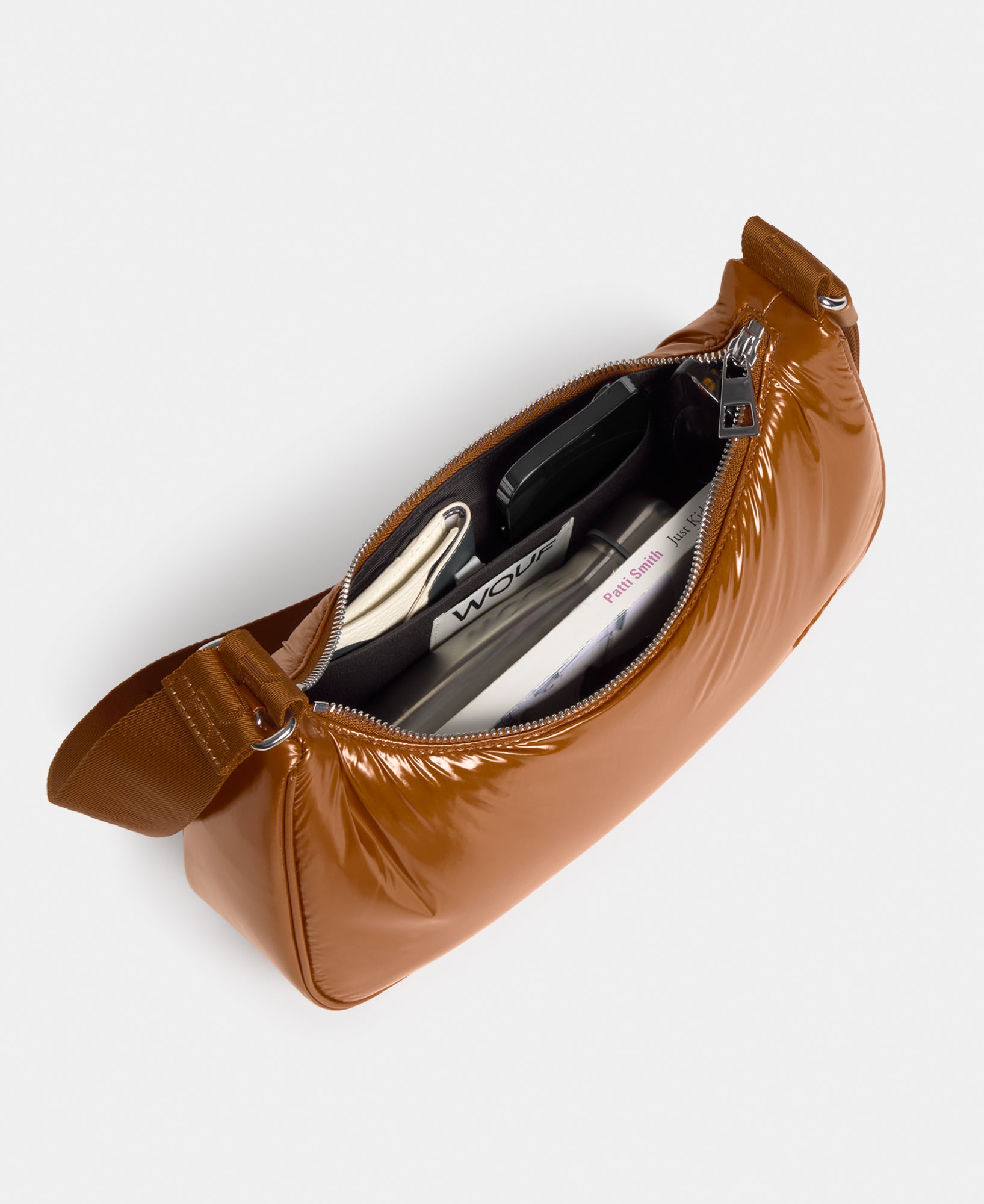 Interior of the crossbody bag toasted brown colour with a shiny finish - Wouf