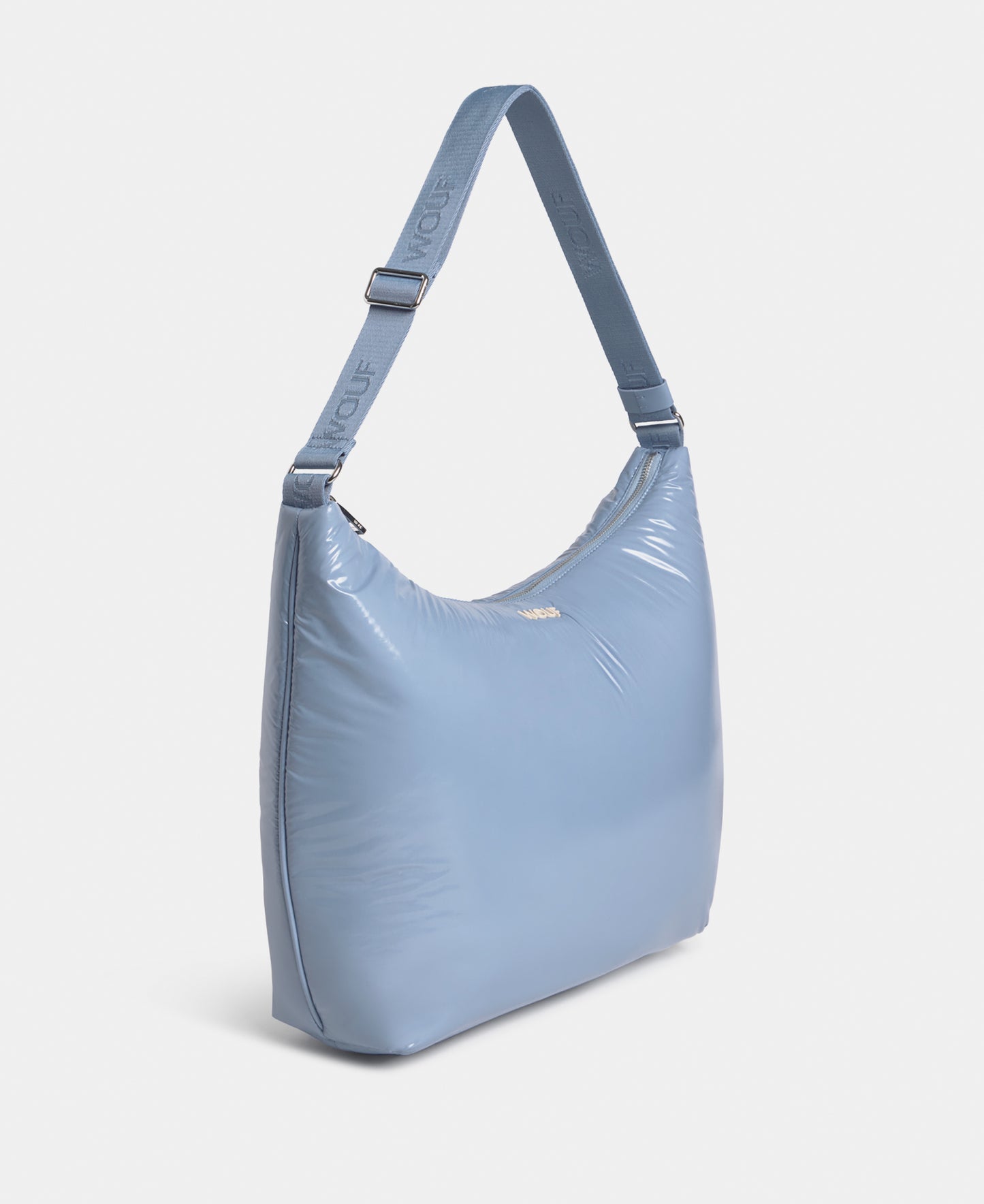 Side view of the hobo bag steel blue colour with a shiny finish - Wouf