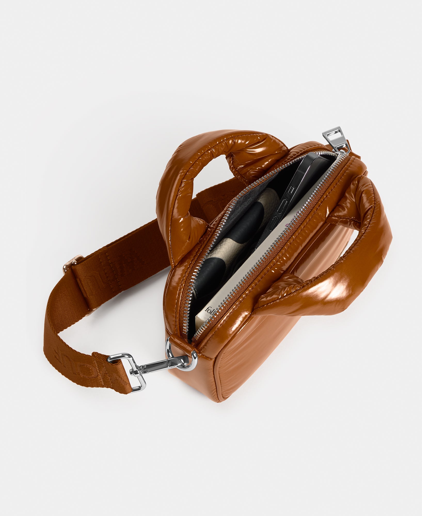 Interior of the mini bag toasted brown colour with a shiny finish - Wouf