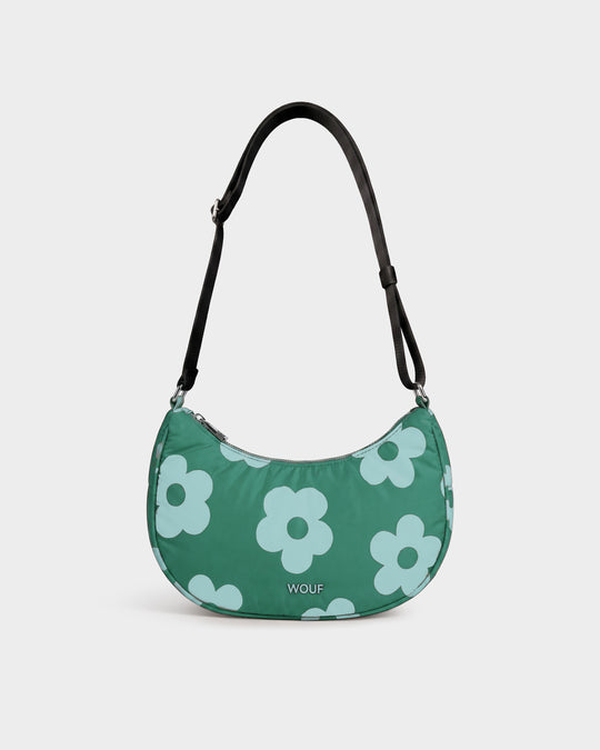 Crossbody bag with mint blue daisy print on a green background - Wouf