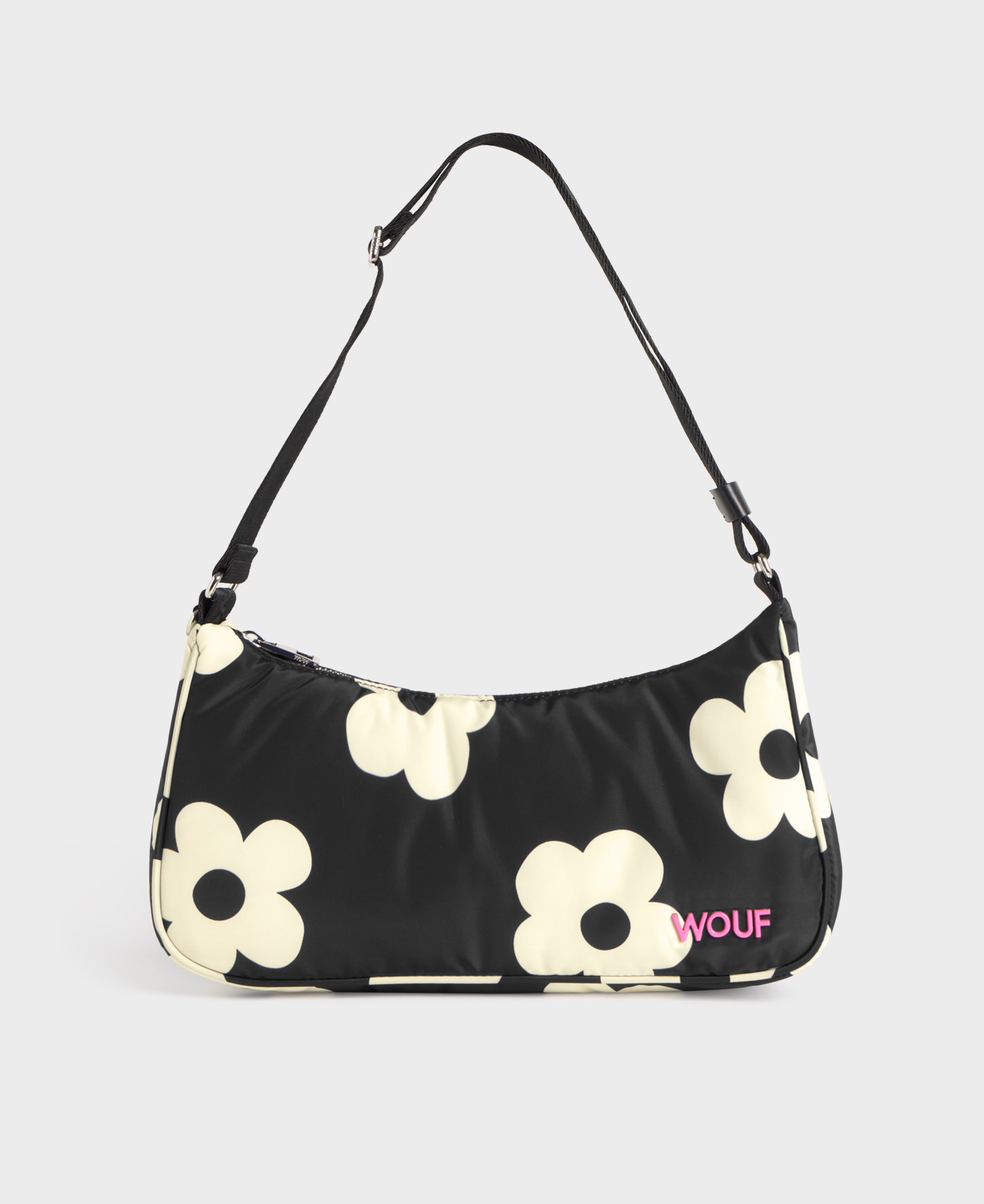 Bolso bandolera con estampado floral blanco sobre fondo negro - Wouf