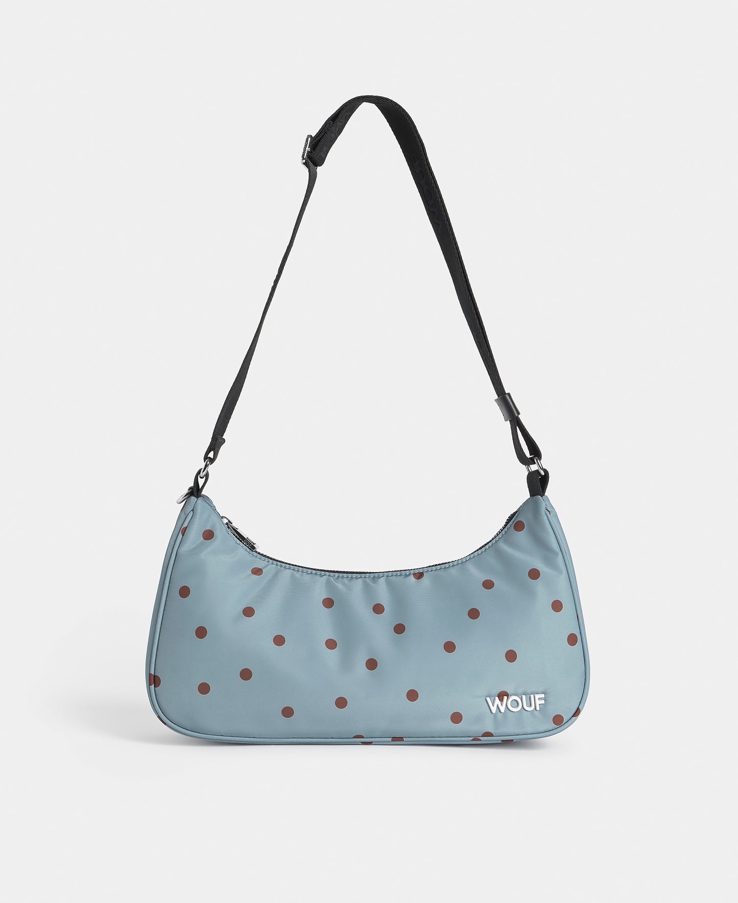 Crossbody bag with brown polka dots on a light blue background - Wouf