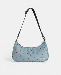 Crossbody bag with brown polka dots on a light blue background - Wouf