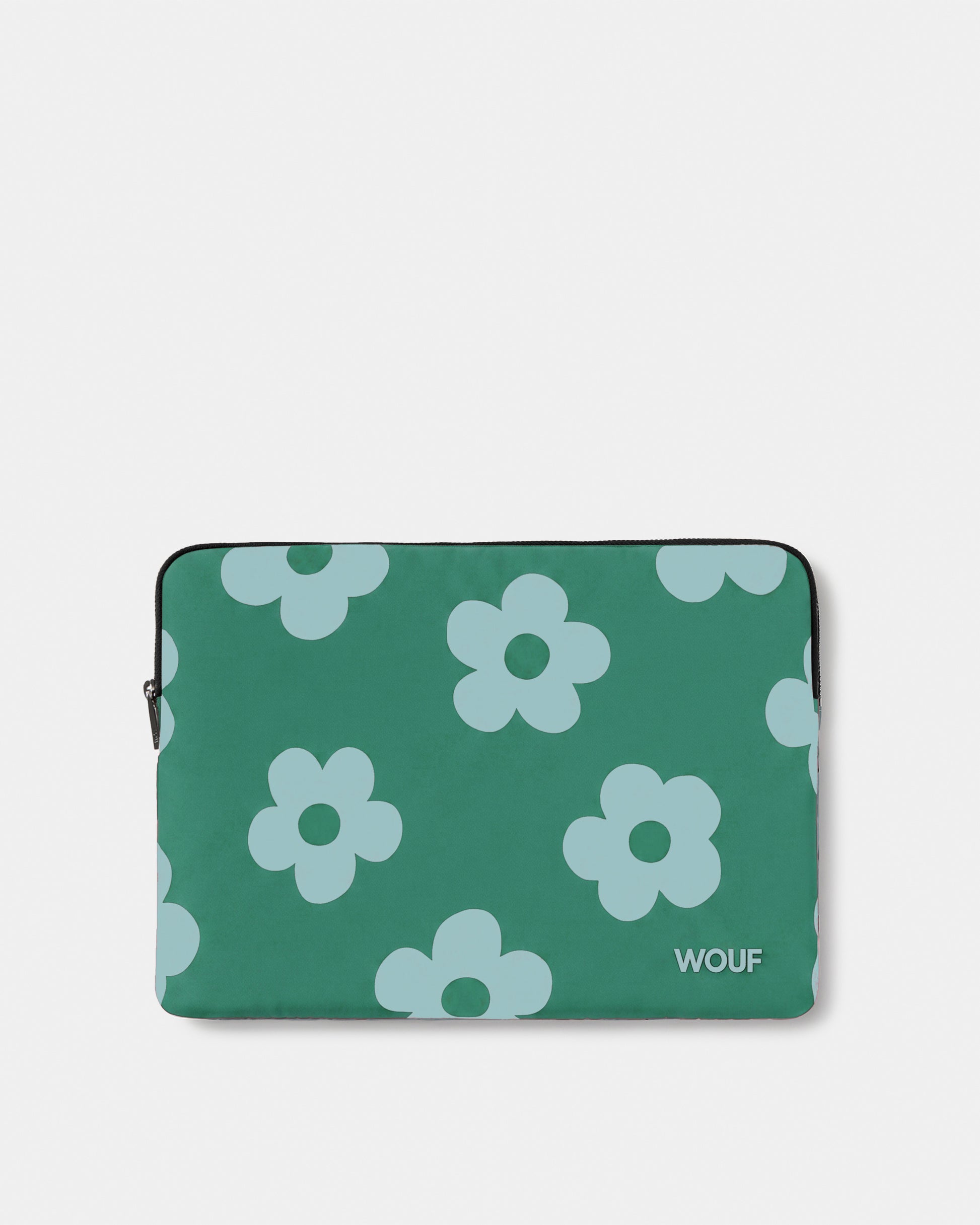 Laptop sleeve 13-14 with mint blue daisy print on a green background - Wouf