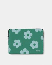 Laptop sleeve 13-14 with mint blue daisy print on a green background - Wouf