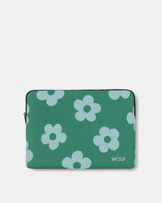 Laptop sleeve 13-14 with mint blue daisy print on a green background - Wouf