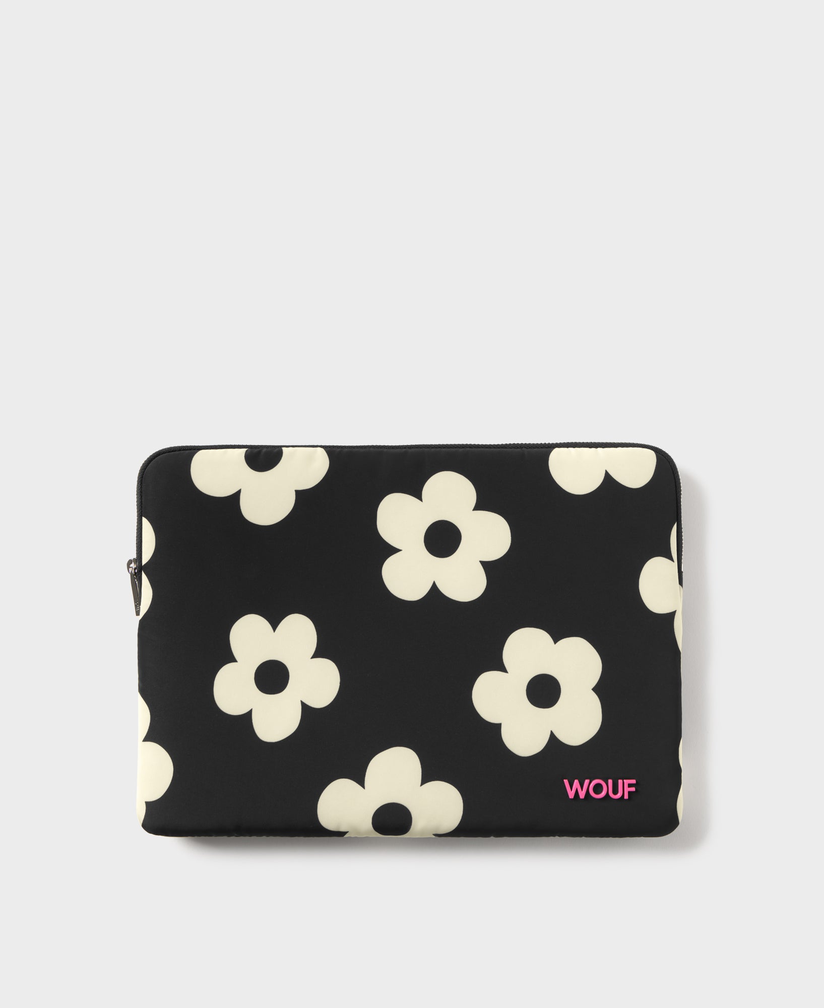 Laptop sleeve 13-14 with white floral print on a black background - Wouf