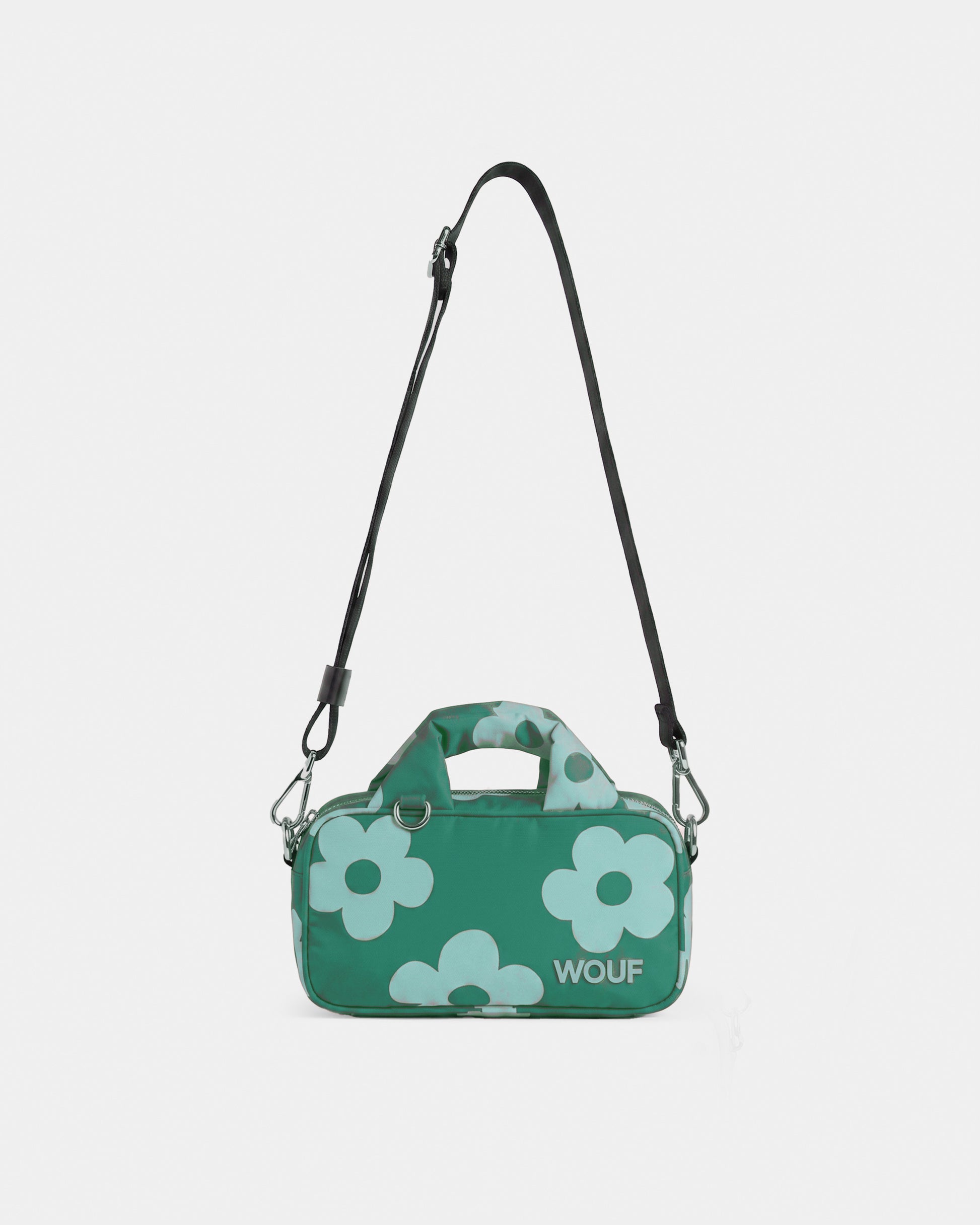 Mini bag with mint blue daisy print on a green background - Wouf