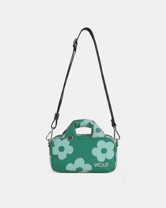 Mini bag with mint blue daisy print on a green background - Wouf
